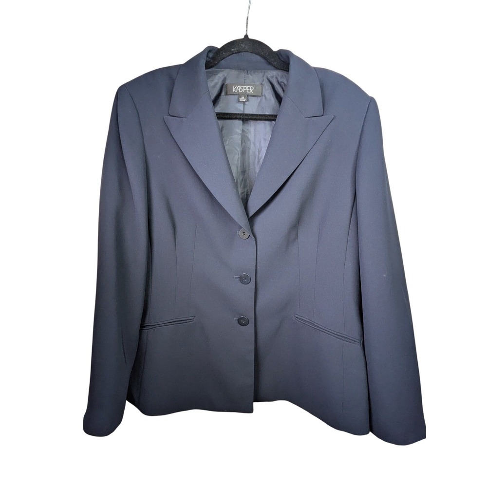 Kasper Womens Navy Blue Three Button Blazer Jacket Size 18 Professional Office